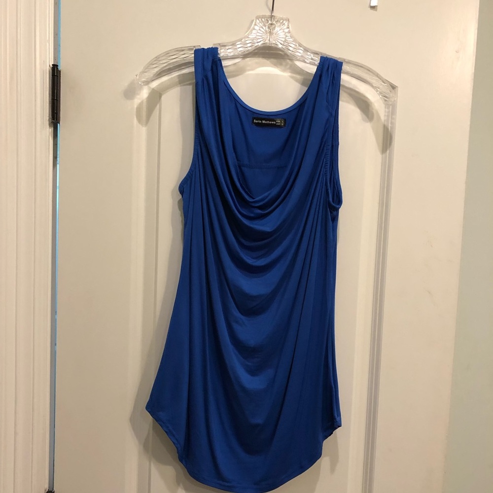 Sleeveless, blue cowl neck top